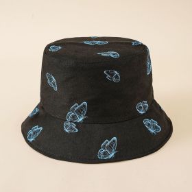 New butterfly print fisherman hat female summer Korean version fashion double-sided pot hat sun hat tide (Color: Black)
