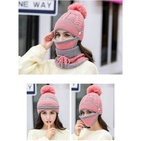 3Pcs/Set Women Velvet Winter Warm Hat Wool Knit Pompom Cap Face Mask Scarf Neck (Color: Pink)