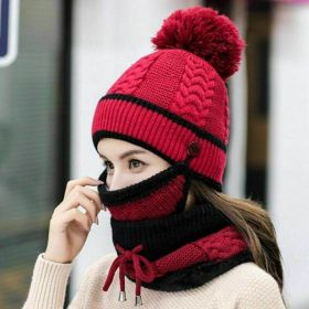 3Pcs/Set Women Velvet Winter Warm Hat Wool Knit Pompom Cap Face Mask Scarf Neck (Color: Wine red)