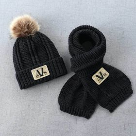 Children Hat and Scarf Set Combination Boys and Girls Winter Warm Knitting Wool Hat and Neck Scarf (Color: Black, size: 48-54cm)