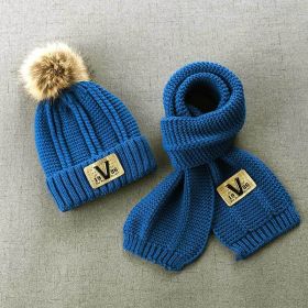Children Hat and Scarf Set Combination Boys and Girls Winter Warm Knitting Wool Hat and Neck Scarf (Color: Dark blue, size: 48-54cm)