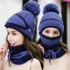 3Pcs/Set Women Velvet Winter Warm Hat Wool Knit Pompom Cap Face Mask Scarf Neck