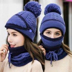 3Pcs/Set Women Velvet Winter Warm Hat Wool Knit Pompom Cap Face Mask Scarf Neck (Color: Blue)
