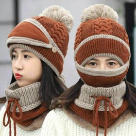 3Pcs/Set Women Velvet Winter Warm Hat Wool Knit Pompom Cap Face Mask Scarf Neck (Color: Coffee)