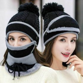 3Pcs/Set Women Velvet Winter Warm Hat Wool Knit Pompom Cap Face Mask Scarf Neck (Color: Black)