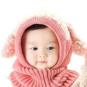 Baby Toddler Winter Beanie Warm Hat Hooded Scarf Earflap Knitted Cap (Color: Pink)