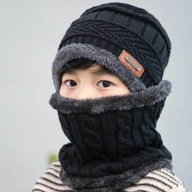 Autumn And Winter New Wool Hat Scarf Set Thick Warm Knit Hat Children's Hat (Color: Black)