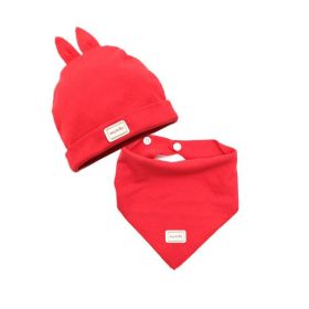 2Pcs/Lot Children Hat Scarf Set Cotton Baby Beanie Collar Winter Spring Baby Boy Girl Cap Kids Warm (Color: Red Rabbit)
