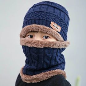 Autumn And Winter New Wool Hat Scarf Set Thick Warm Knit Hat Children's Hat (Color: Navy)