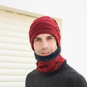 2pcs/set Hat Scarf Suits Women Autumn Winter Outdoor Warm Knit Plus Velvet Wool Men Cap Headgear (Color: Burgundy, size: Hat Scarf Suits)