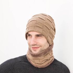 2pcs/set Hat Scarf Suits Women Autumn Winter Outdoor Warm Knit Plus Velvet Wool Men Cap Headgear (Color: Khaki, size: Hat Scarf Suits)