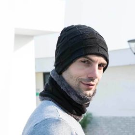 2pcs/set Hat Scarf Suits Women Autumn Winter Outdoor Warm Knit Plus Velvet Wool Men Cap Headgear (Color: Black, size: Hat Scarf Suits)