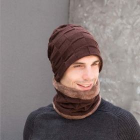 2pcs/set Hat Scarf Suits Women Autumn Winter Outdoor Warm Knit Plus Velvet Wool Men Cap Headgear (Color: Coffee, size: Hat Scarf Suits)