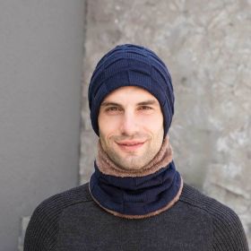 2pcs/set Hat Scarf Suits Women Autumn Winter Outdoor Warm Knit Plus Velvet Wool Men Cap Headgear (Color: Navy Blue, size: Hat Scarf Suits)