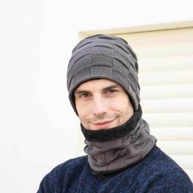 2pcs/set Hat Scarf Suits Women Autumn Winter Outdoor Warm Knit Plus Velvet Wool Men Cap Headgear (Color: Gray, size: Hat Scarf Suits)