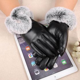 Women Winter Pu Leather Gloves Touch Screen Gloves (Color: Black)