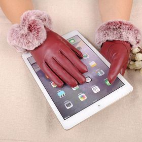 Women Winter Pu Leather Gloves Touch Screen Gloves (Color: Red)
