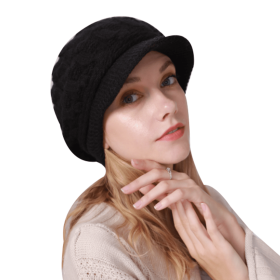 Winter Women Cable Knitted Berets Braided Baggy Wool Warm Hat (Color: Black)