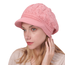 Winter Women Cable Knitted Berets Braided Baggy Wool Warm Hat (Color: Pink)