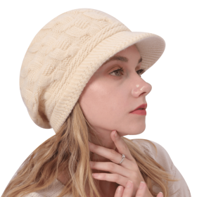 Winter Women Cable Knitted Berets Braided Baggy Wool Warm Hat (Color: Beige)