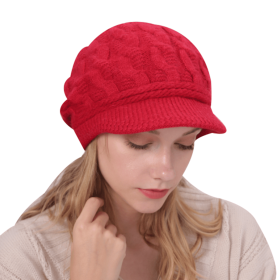 Winter Women Cable Knitted Berets Braided Baggy Wool Warm Hat (Color: Red)