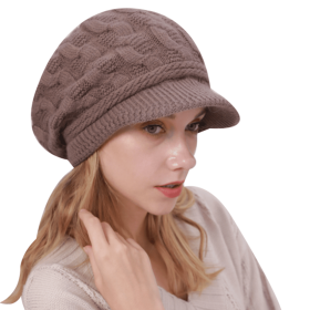 Winter Women Cable Knitted Berets Braided Baggy Wool Warm Hat (Color: Khaki)