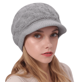 Winter Women Cable Knitted Berets Braided Baggy Wool Warm Hat (Color: Grey)