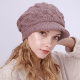 Winter Women Cable Knitted Berets Braided Baggy Wool Warm Hat (Color: light purple)