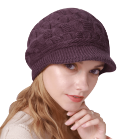 Winter Women Cable Knitted Berets Braided Baggy Wool Warm Hat (Color: Purple)
