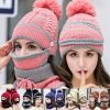 3Pcs/Set Women Velvet Winter Warm Hat Wool Knit Pompom Cap Face Mask Scarf Neck