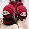 3Pcs/Set Women Velvet Winter Warm Hat Wool Knit Pompom Cap Face Mask Scarf Neck