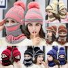 3Pcs/Set Women Velvet Winter Warm Hat Wool Knit Pompom Cap Face Mask Scarf Neck